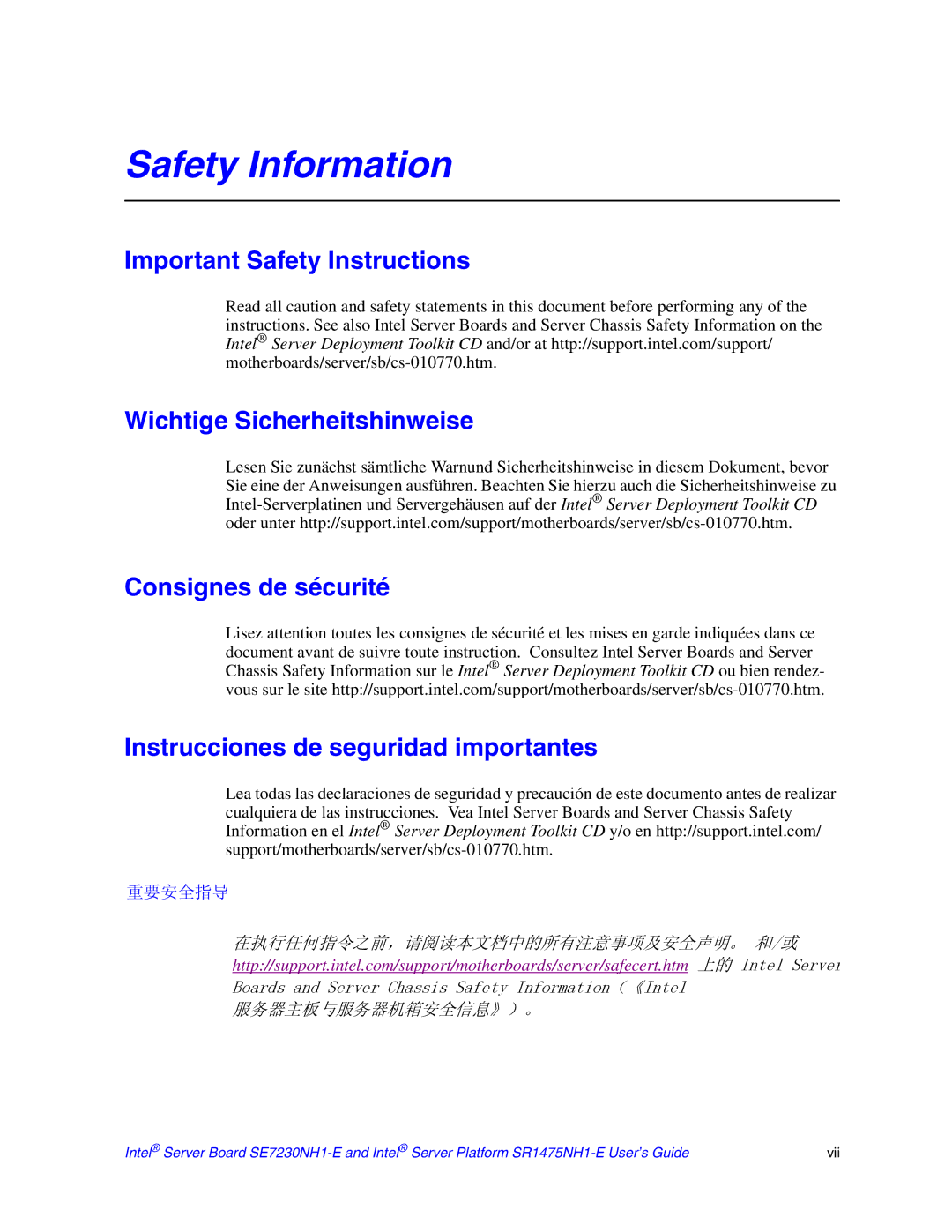 Intel SE7230NH1-E, SR1475NH1-E manual Safety Information 