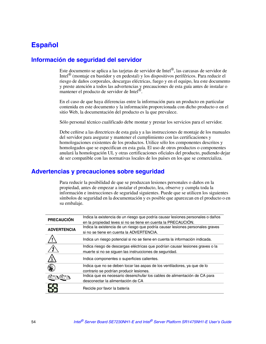 Intel SR1475NH1-E, SE7230NH1-E Español, Información de seguridad del servidor, Advertencias y precauciones sobre seguridad 