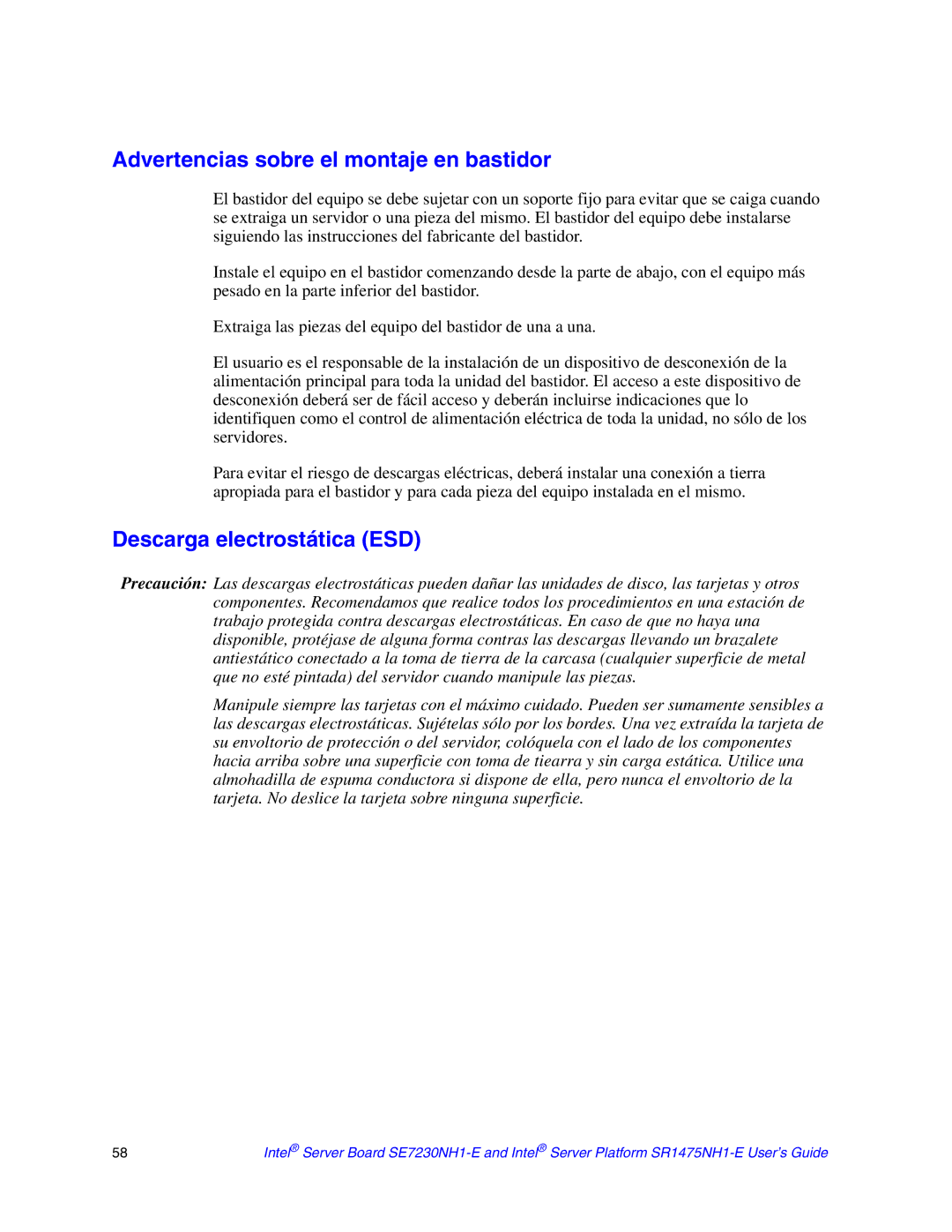 Intel SR1475NH1-E, SE7230NH1-E manual Advertencias sobre el montaje en bastidor, Descarga electrostática ESD 