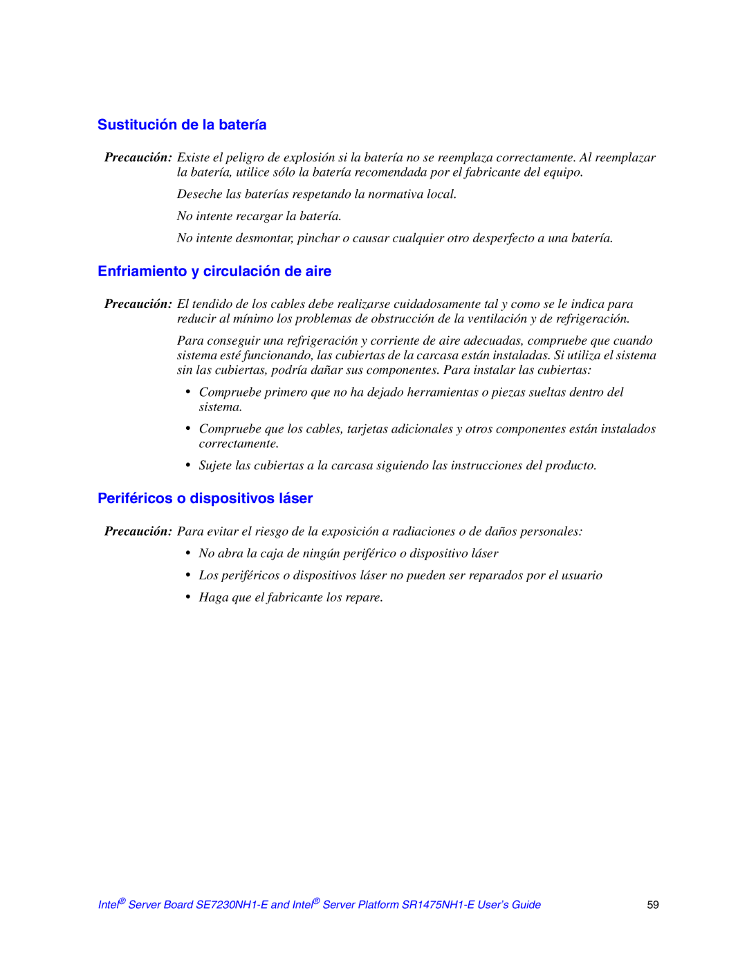 Intel SE7230NH1-E manual Sustitución de la batería, Enfriamiento y circulación de aire, Periféricos o dispositivos láser 