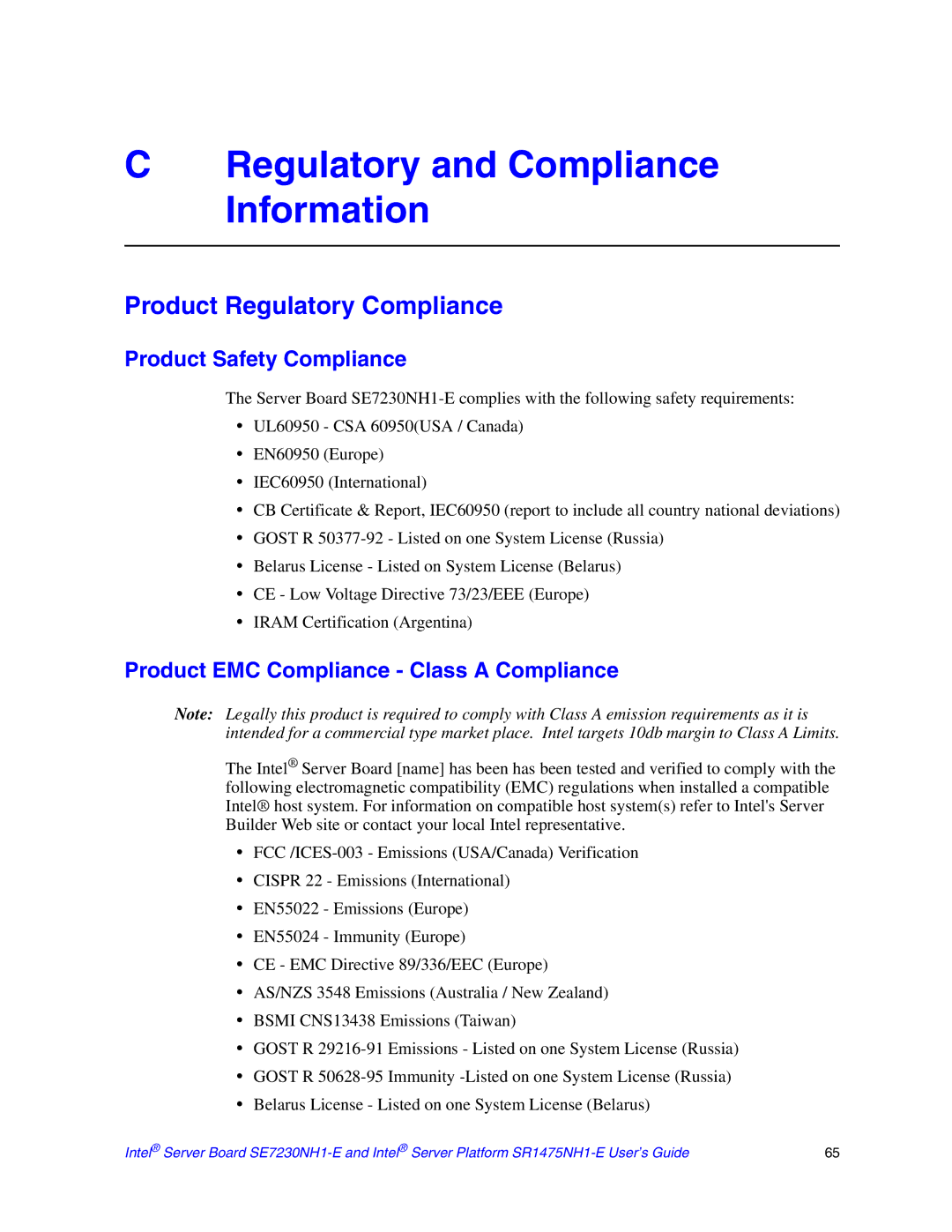 Intel SE7230NH1-E manual Regulatory and Compliance Information, Product Regulatory Compliance, Product Safety Compliance 