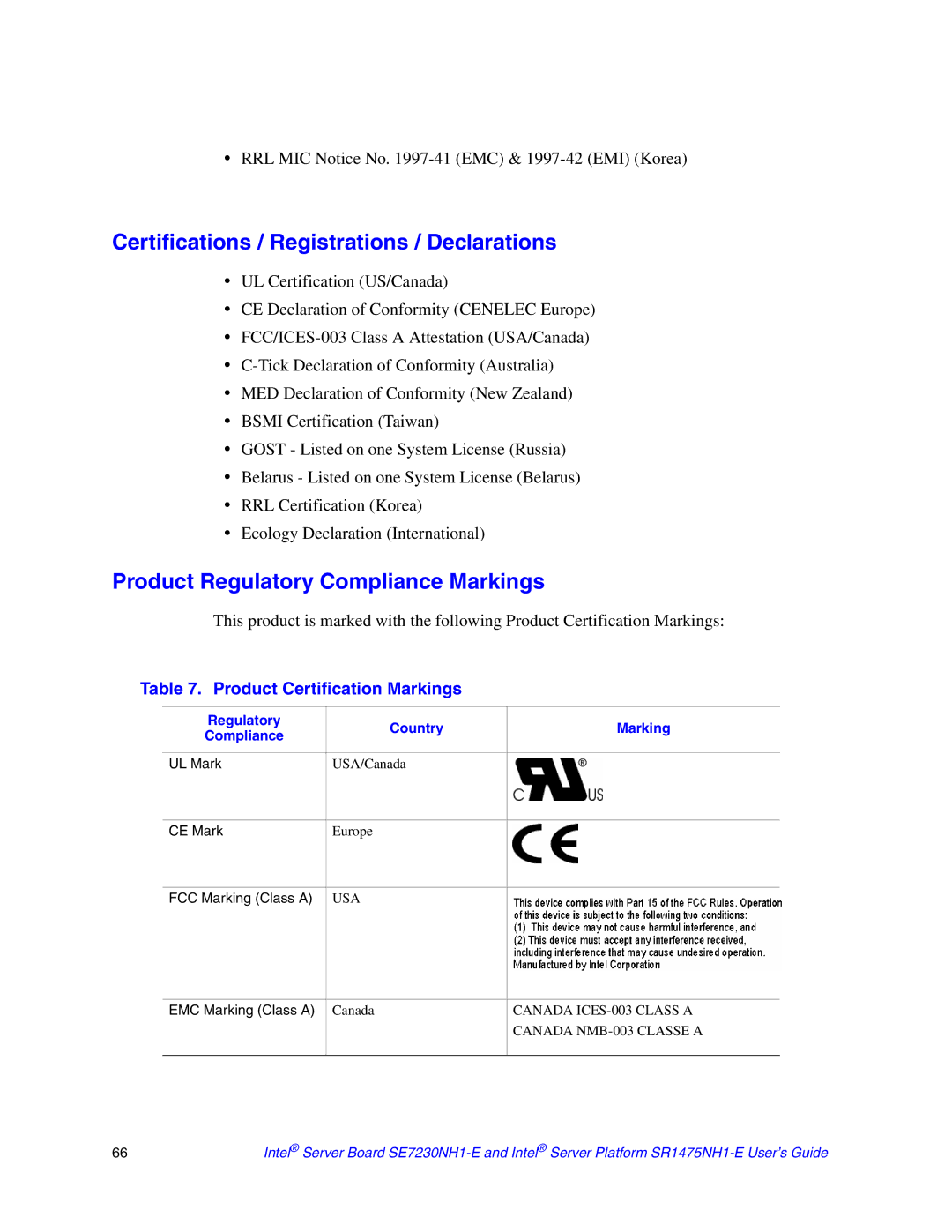 Intel SR1475NH1-E, SE7230NH1-E manual Certifications / Registrations / Declarations, Product Regulatory Compliance Markings 