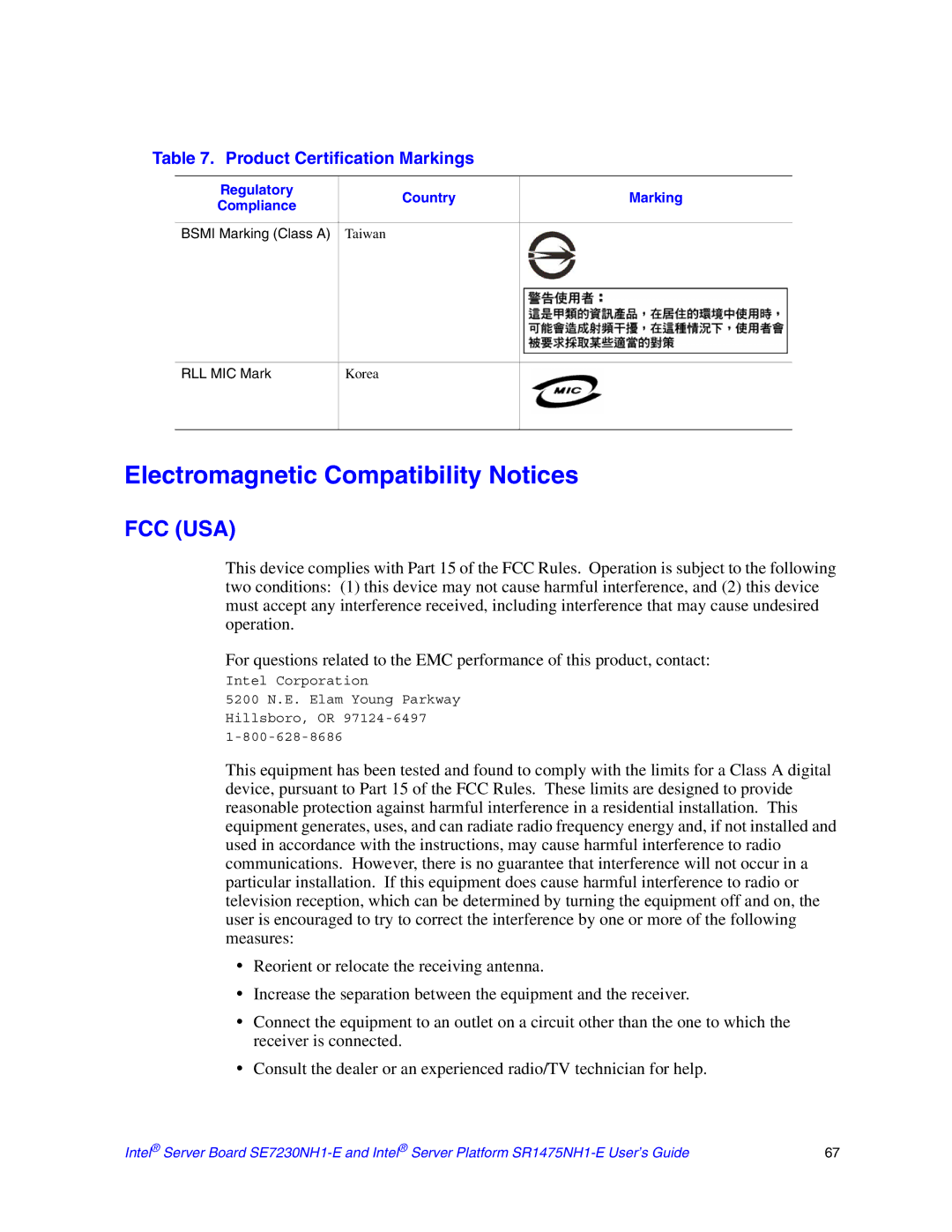 Intel SE7230NH1-E, SR1475NH1-E manual Electromagnetic Compatibility Notices, Fcc Usa 