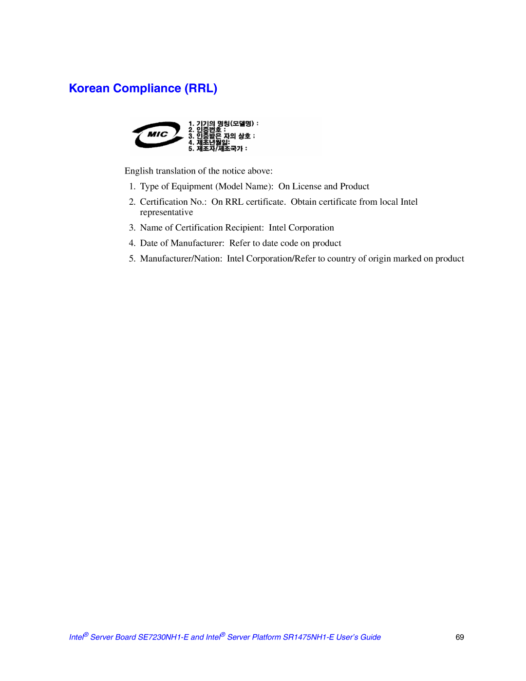 Intel SE7230NH1-E, SR1475NH1-E manual Korean Compliance RRL 