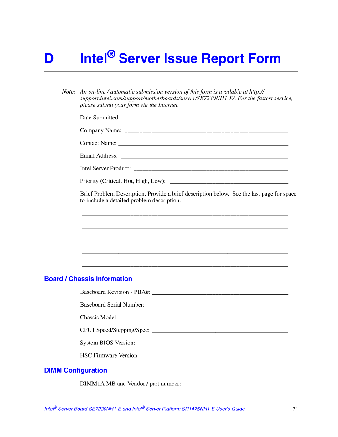 Intel SE7230NH1-E, SR1475NH1-E manual Intel Server Issue Report Form, Board / Chassis Information, Dimm Configuration 