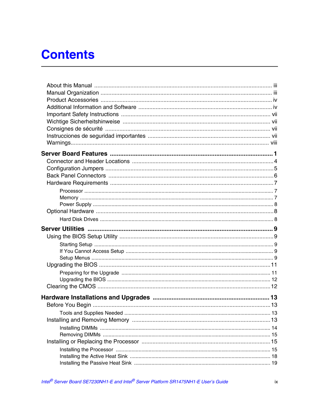 Intel SE7230NH1-E, SR1475NH1-E manual Contents 