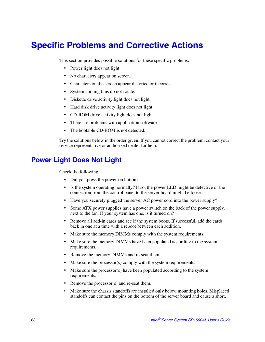 Intel SR1500AL manual Specific Problems and Corrective Actions, Power Light Does Not Light 