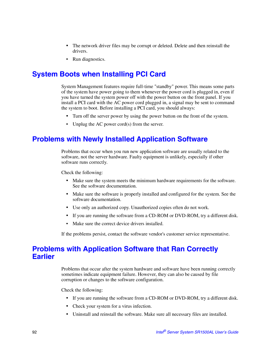 Intel SR1500AL manual System Boots when Installing PCI Card, Problems with Newly Installed Application Software 