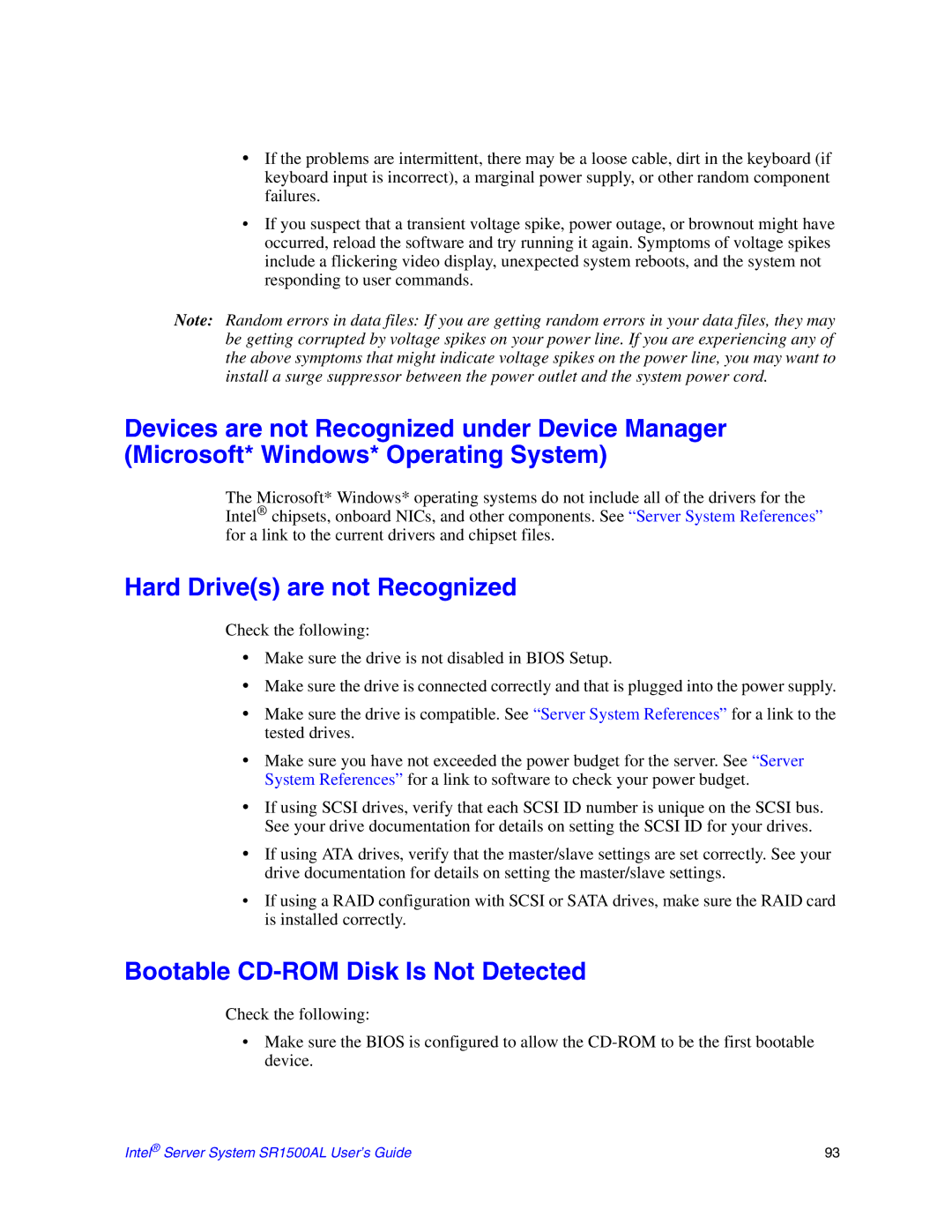 Intel SR1500AL manual Hard Drives are not Recognized, Bootable CD-ROM Disk Is Not Detected 