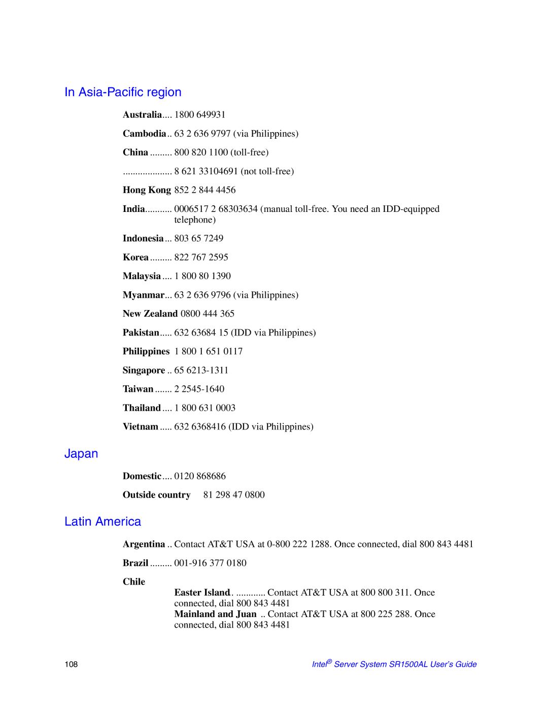 Intel SR1500AL manual Asia-Pacific region, Japan, Latin America 