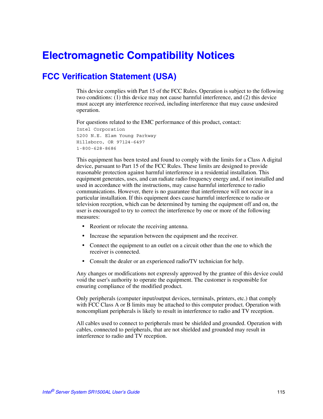 Intel SR1500AL manual Electromagnetic Compatibility Notices, FCC Verification Statement USA 