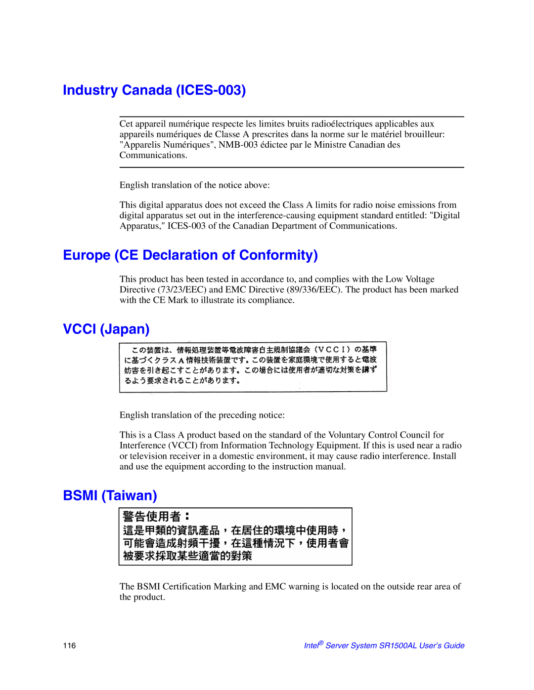 Intel SR1500AL manual Industry Canada ICES-003, Europe CE Declaration of Conformity, Vcci Japan, Bsmi Taiwan 