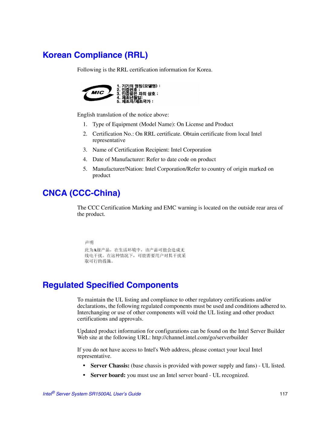 Intel SR1500AL manual Korean Compliance RRL, Cnca CCC-China, Regulated Specified Components 