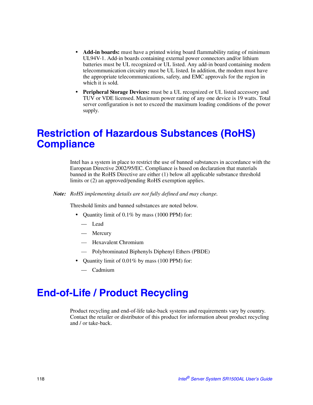 Intel SR1500AL manual Restriction of Hazardous Substances RoHS Compliance, End-of-Life / Product Recycling 