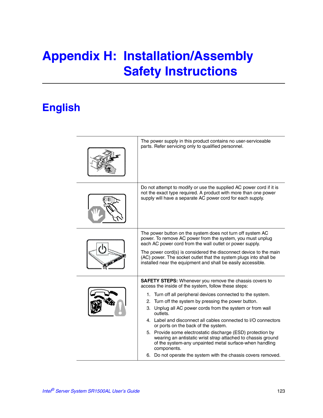 Intel SR1500AL manual Appendix H Installation/Assembly Safety Instructions, English 