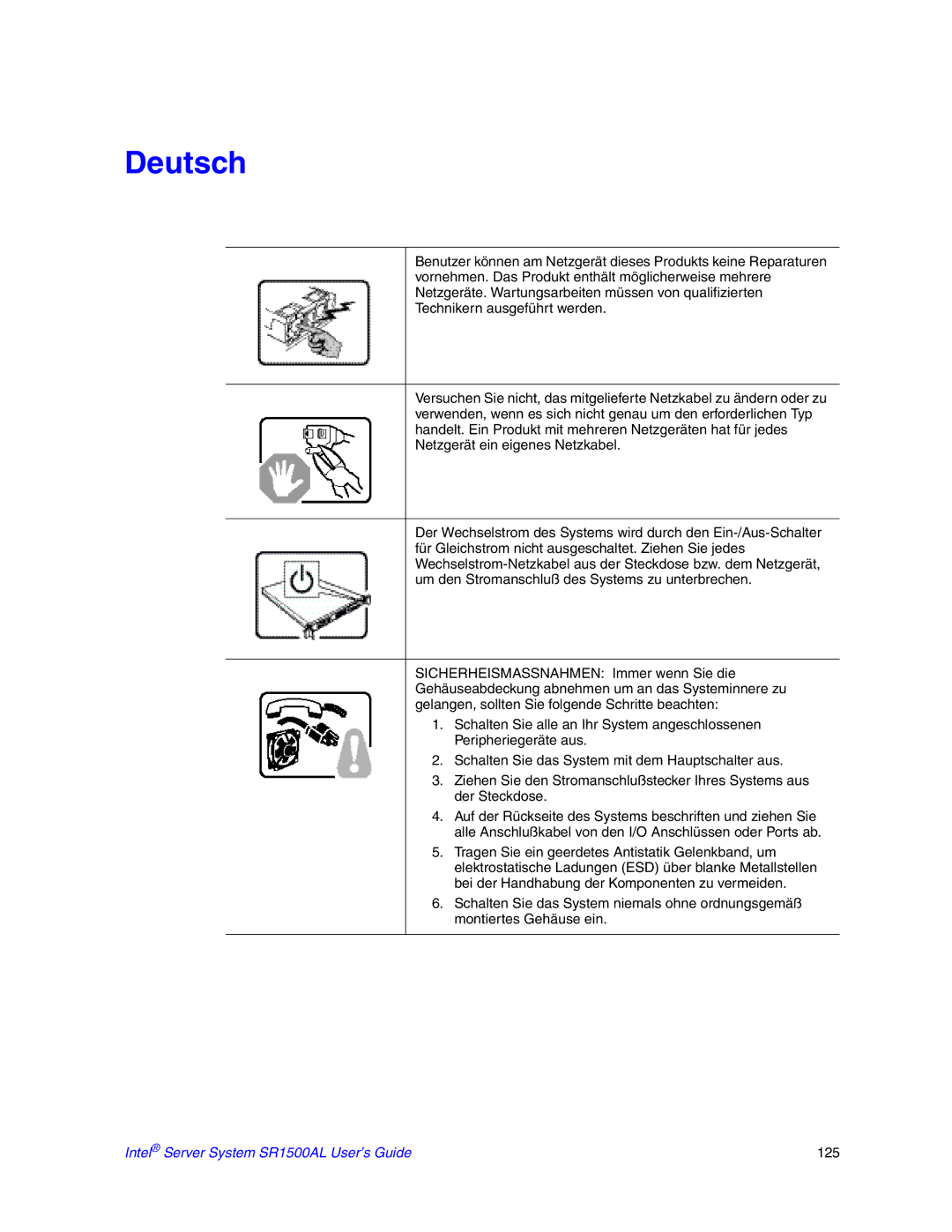 Intel manual Deutsch, Intel Server System SR1500AL User’s Guide 125 