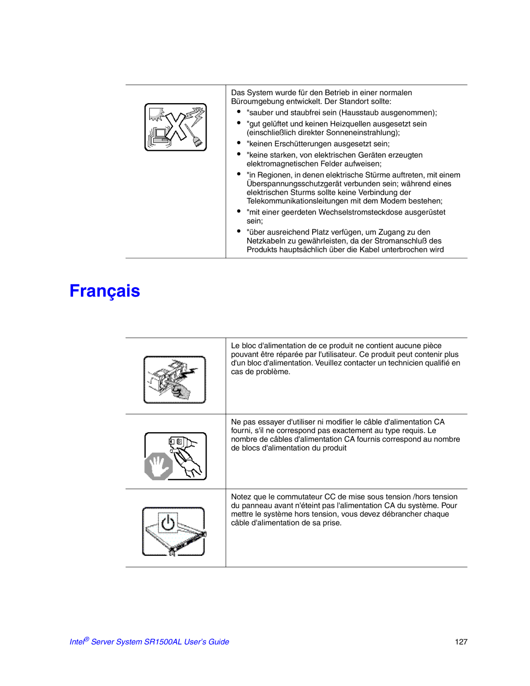 Intel manual Français, Intel Server System SR1500AL User’s Guide 127 