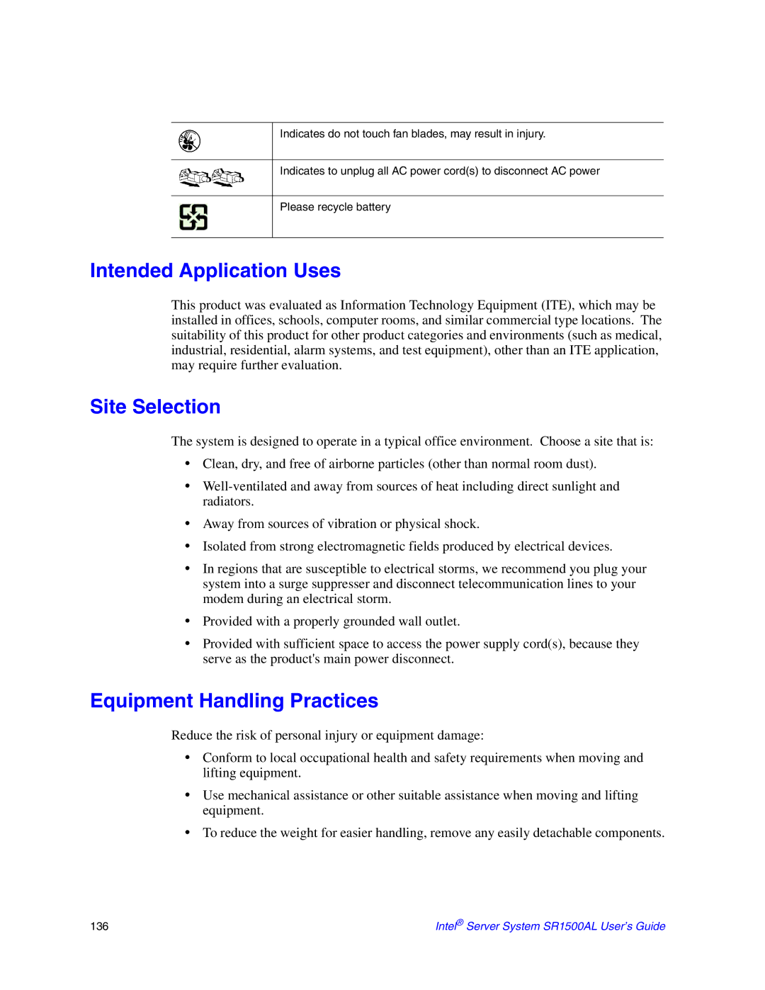 Intel SR1500AL manual Intended Application Uses, Site Selection, Equipment Handling Practices 