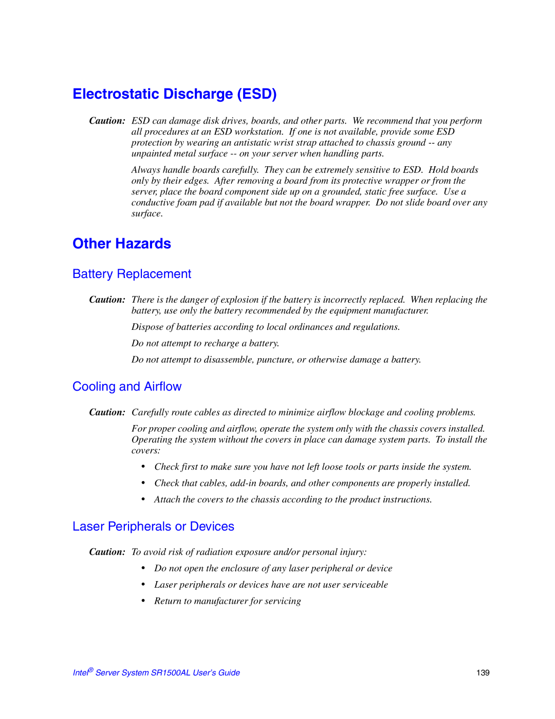 Intel SR1500AL manual Electrostatic Discharge ESD, Other Hazards, Battery Replacement, Cooling and Airflow 