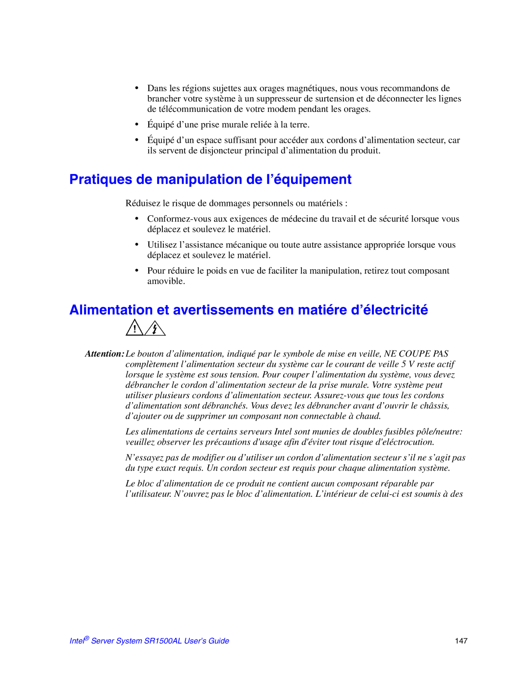 Intel SR1500AL manual Pratiques de manipulation de l’équipement, Alimentation et avertissements en matiére d’électricité 