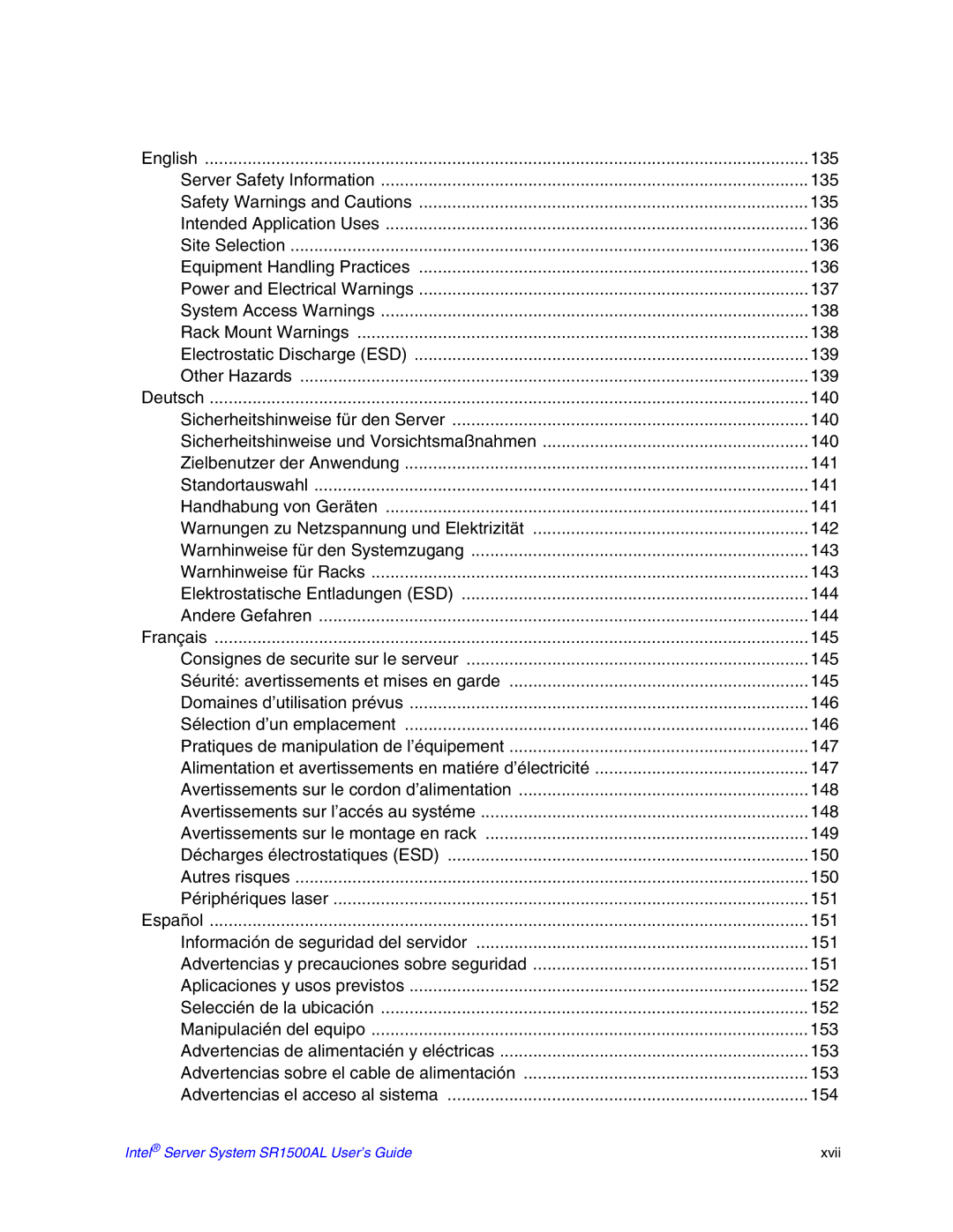 Intel manual Intel Server System SR1500AL User’s Guide Xvii 