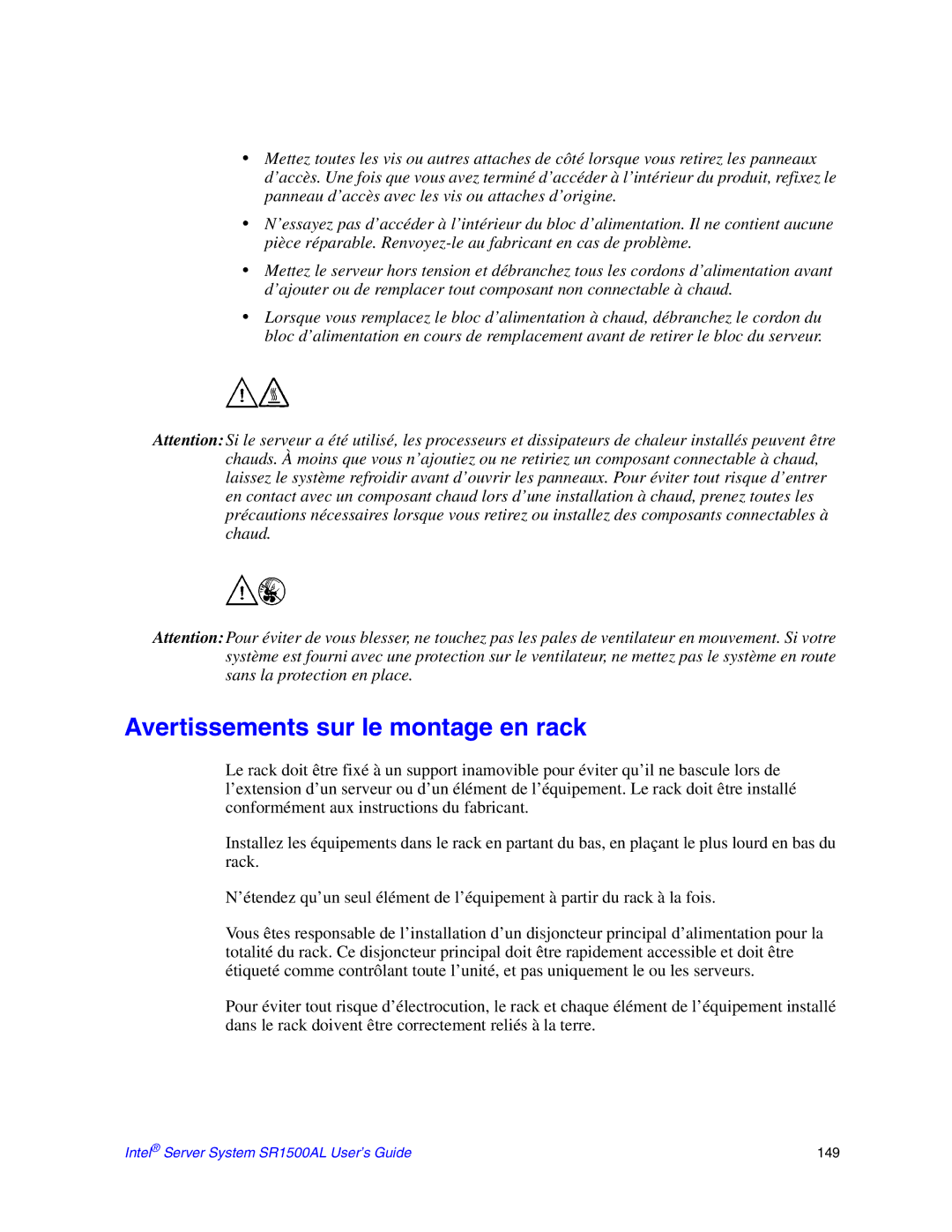 Intel SR1500AL manual Avertissements sur le montage en rack 