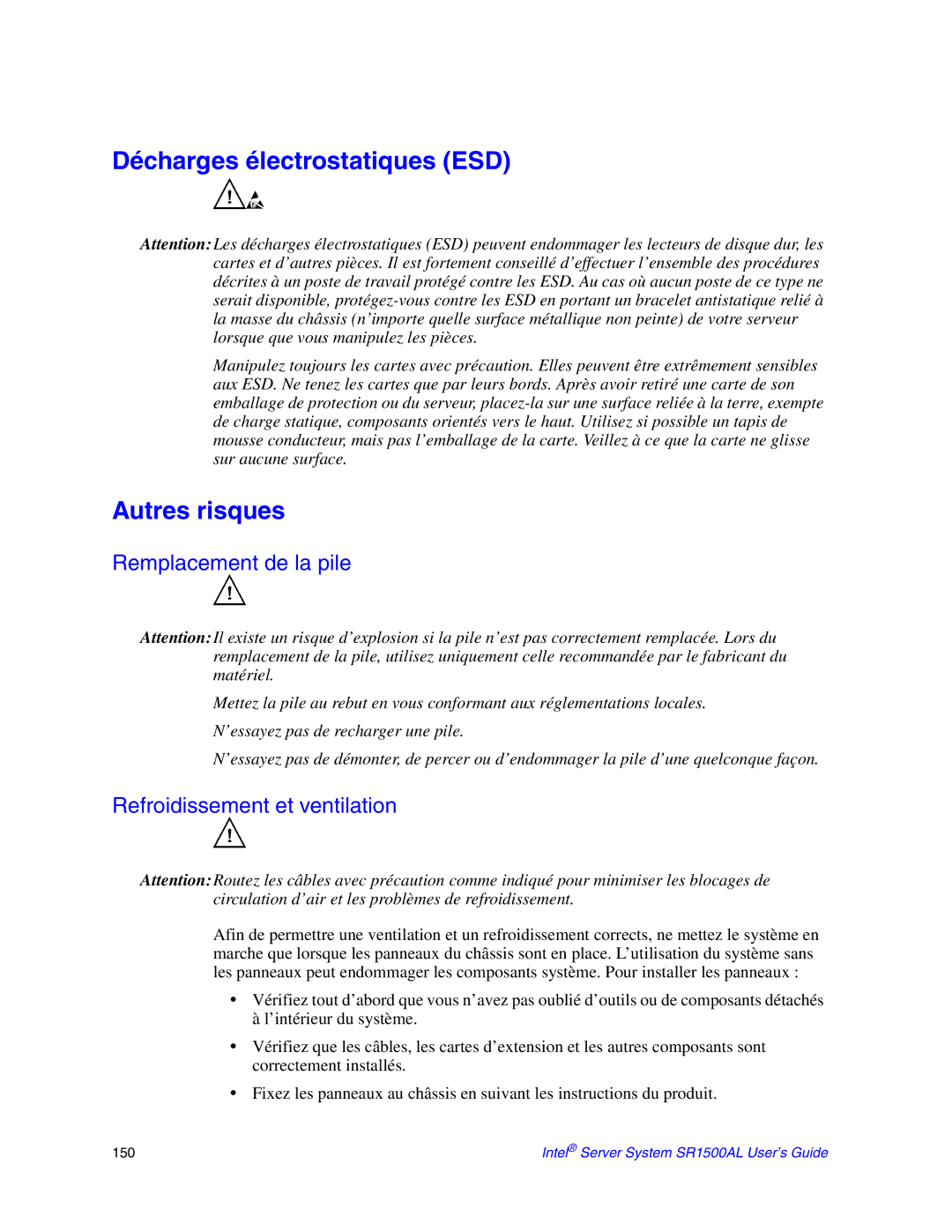 Intel SR1500AL Décharges électrostatiques ESD, Autres risques, Remplacement de la pile, Refroidissement et ventilation 