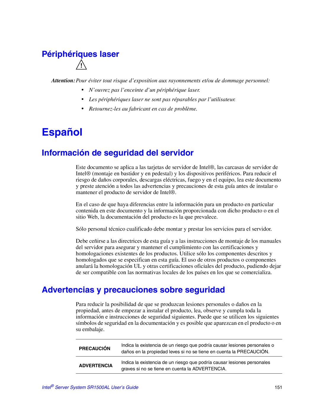 Intel SR1500AL Périphériques laser, Información de seguridad del servidor, Advertencias y precauciones sobre seguridad 