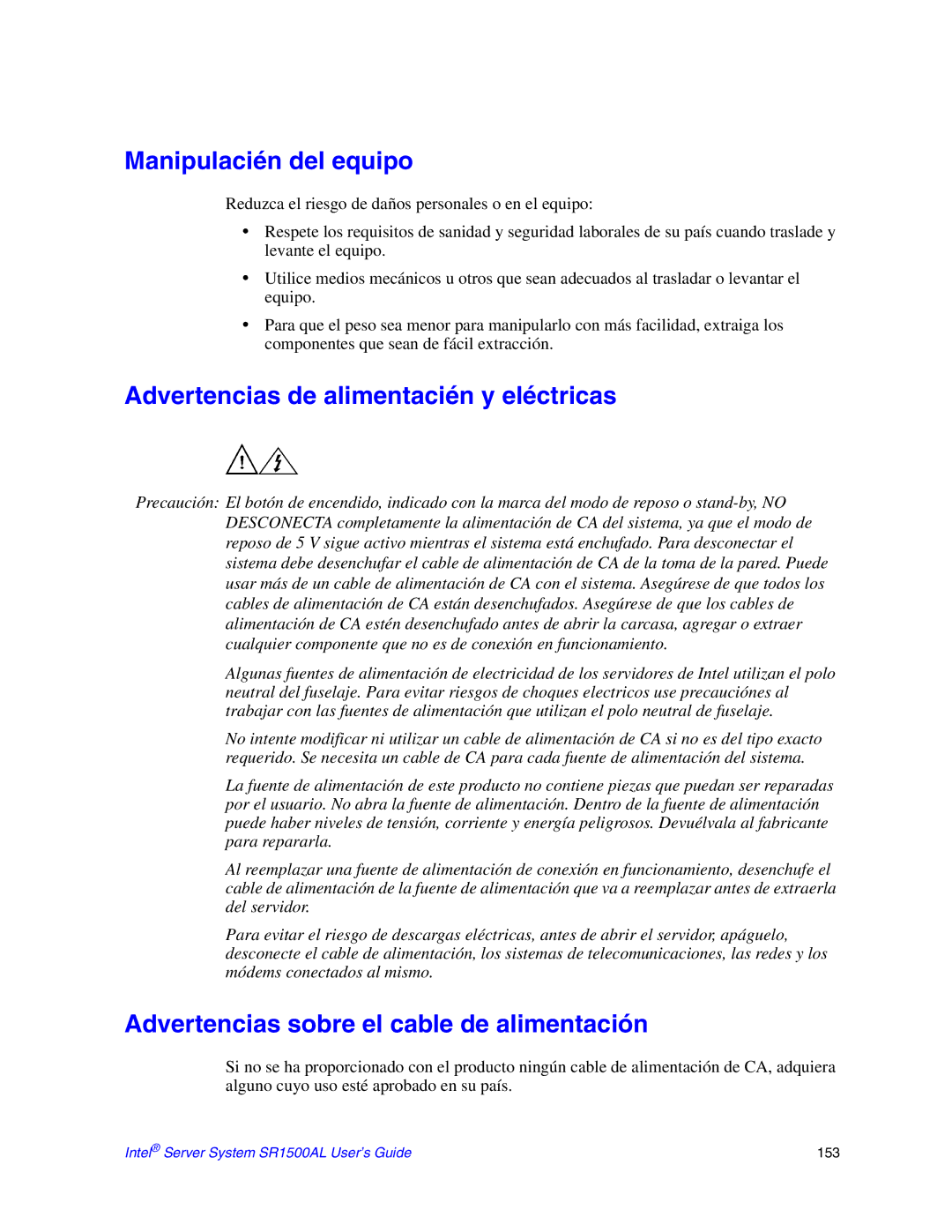 Intel SR1500AL manual Manipulacién del equipo, Advertencias de alimentacién y eléctricas 