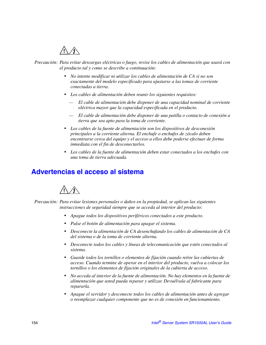 Intel SR1500AL manual Advertencias el acceso al sistema 