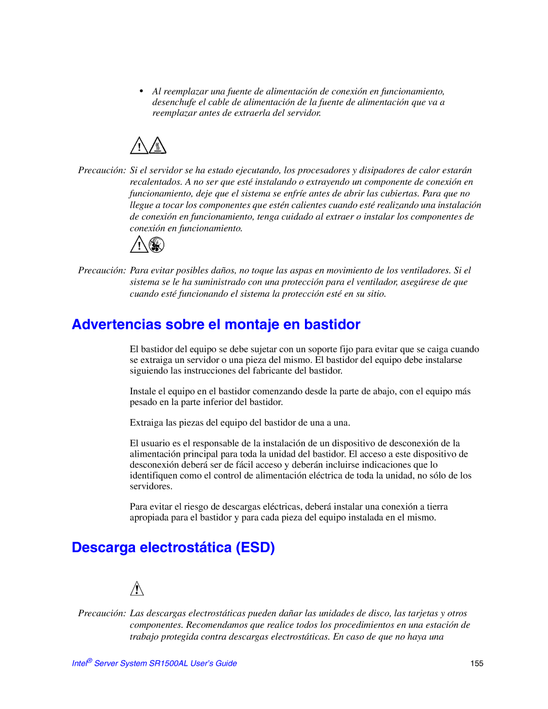 Intel SR1500AL manual Advertencias sobre el montaje en bastidor, Descarga electrostática ESD 