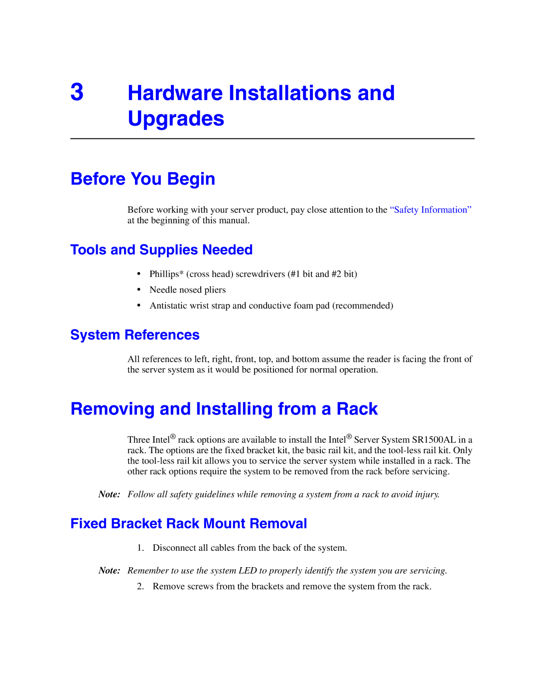 Intel SR1500AL manual Hardware Installations and Upgrades, Before You Begin, Removing and Installing from a Rack 