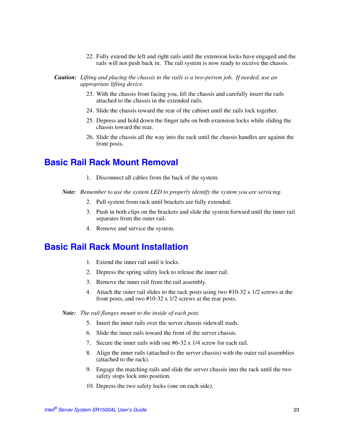 Intel SR1500AL manual Basic Rail Rack Mount Removal, Basic Rail Rack Mount Installation 