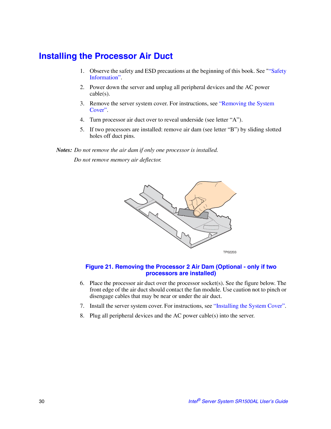 Intel SR1500AL manual Installing the Processor Air Duct, Do not remove memory air deflector 