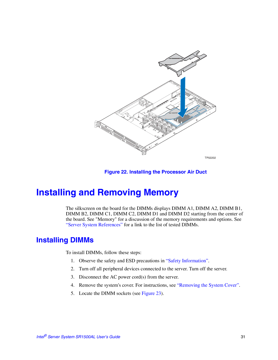 Intel SR1500AL manual Installing and Removing Memory, Installing DIMMs 