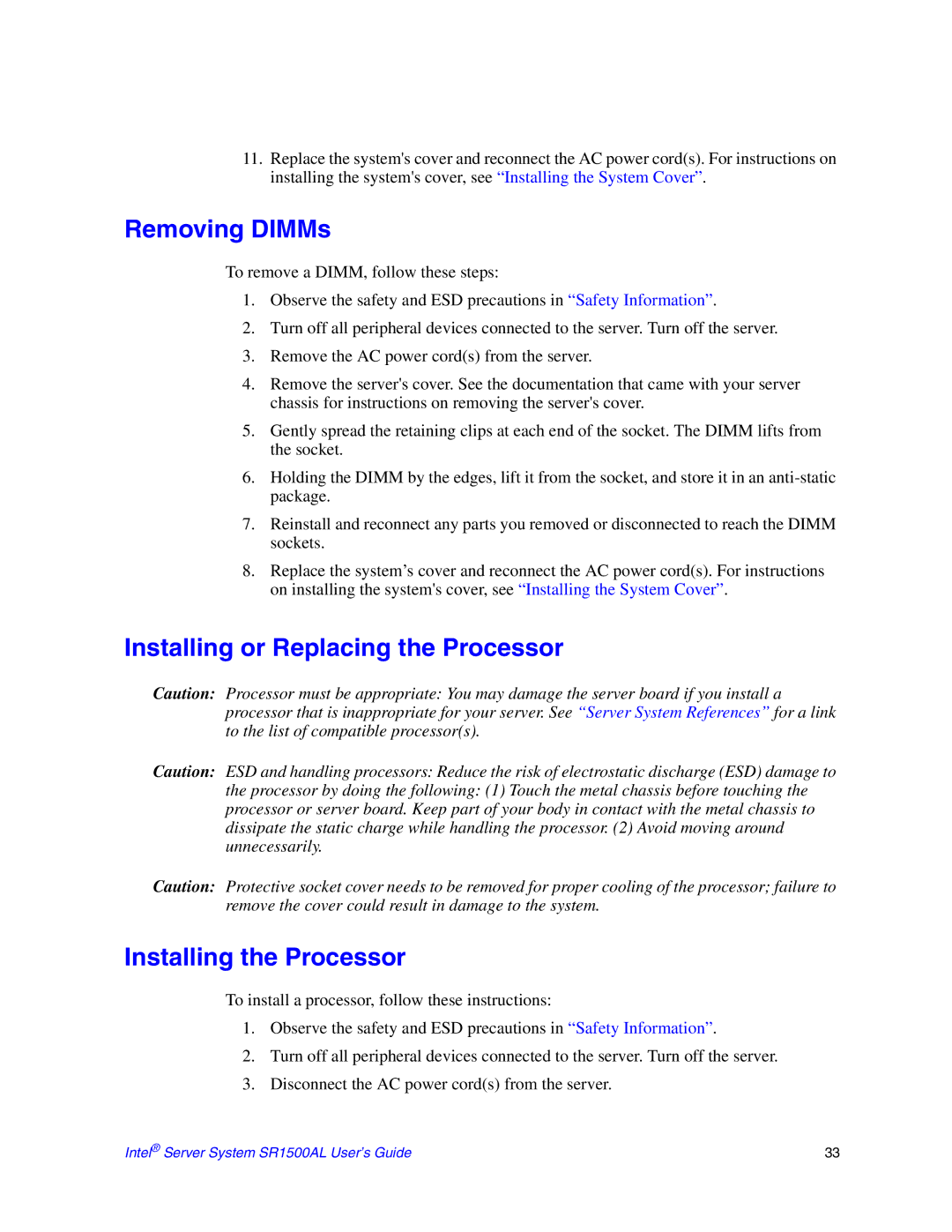 Intel SR1500AL manual Removing DIMMs 