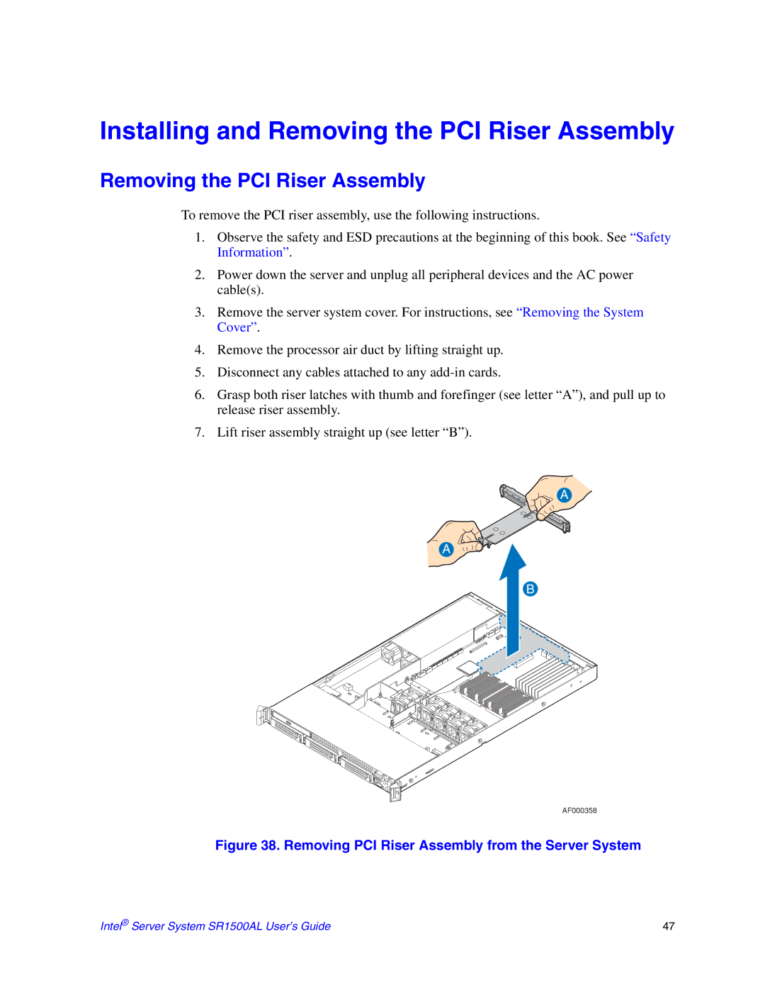 Intel SR1500AL manual Installing and Removing the PCI Riser Assembly 