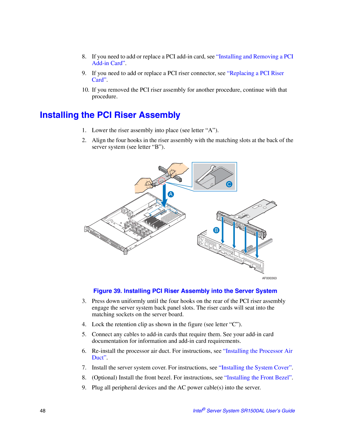 Intel SR1500AL manual Installing the PCI Riser Assembly, Installing PCI Riser Assembly into the Server System 