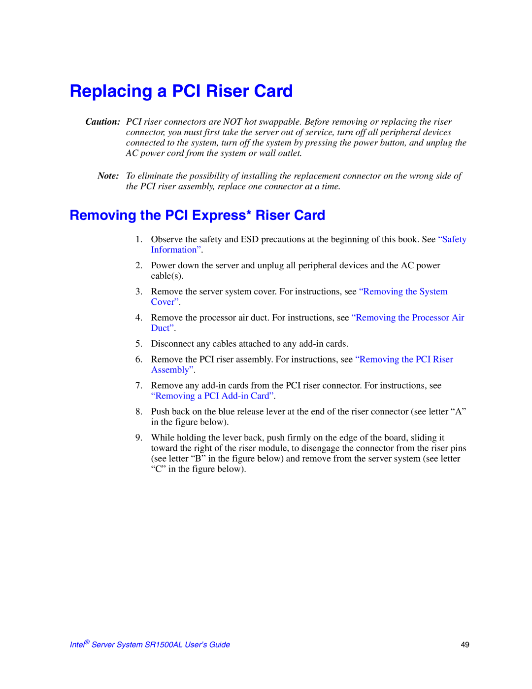 Intel SR1500AL manual Replacing a PCI Riser Card, Removing the PCI Express* Riser Card 