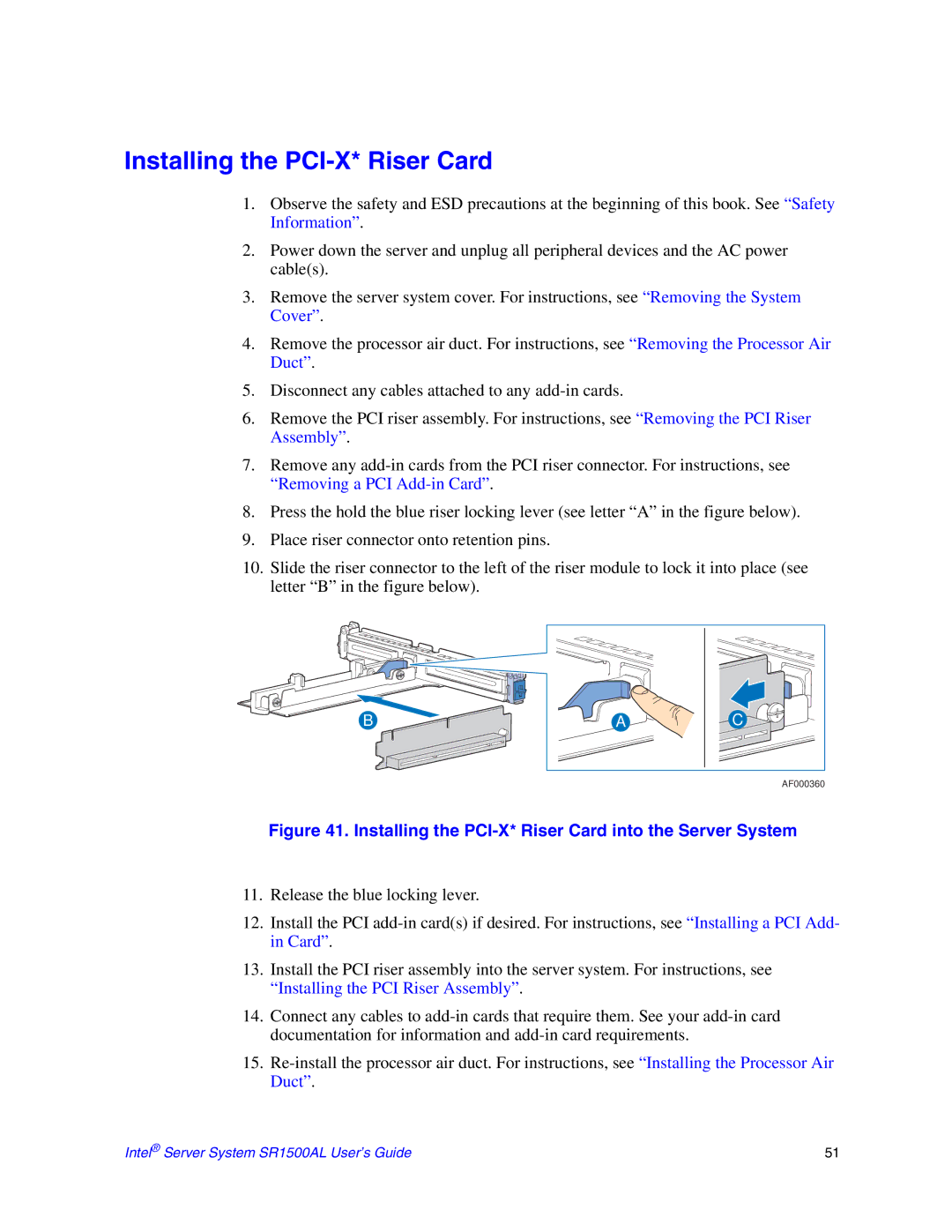 Intel SR1500AL manual Installing the PCI-X* Riser Card into the Server System 