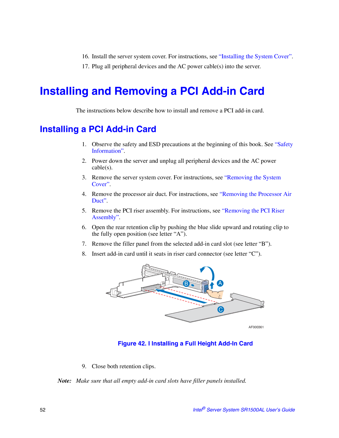 Intel SR1500AL manual Installing and Removing a PCI Add-in Card, Installing a PCI Add-in Card 