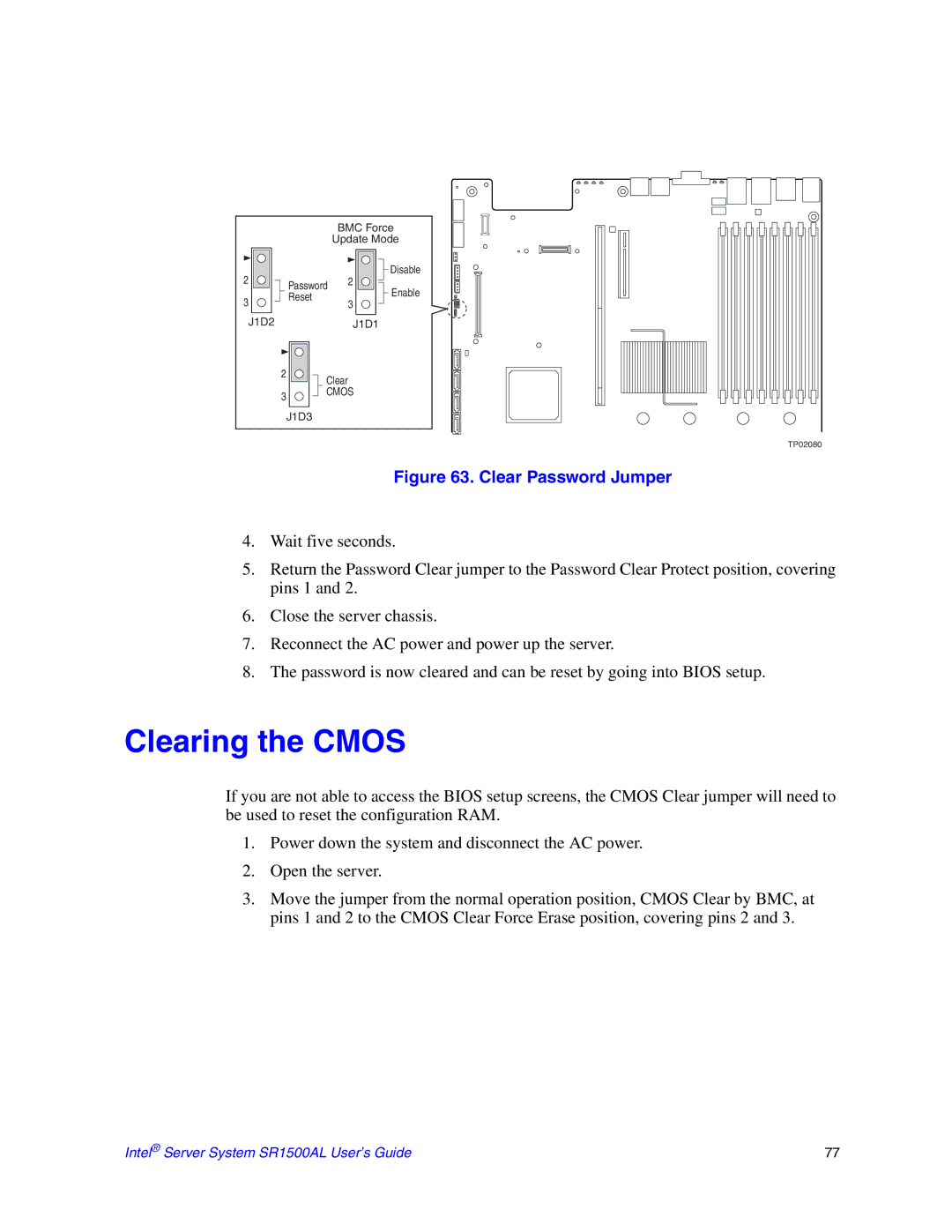 Intel SR1500AL manual Clearing the Cmos, Clear Password Jumper 