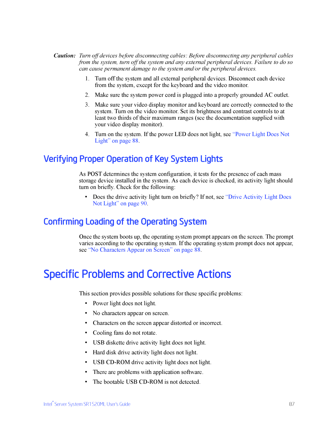 Intel SR1520ML manual Specific Problems and Corrective Actions, Verifying Proper Operation of Key System Lights 