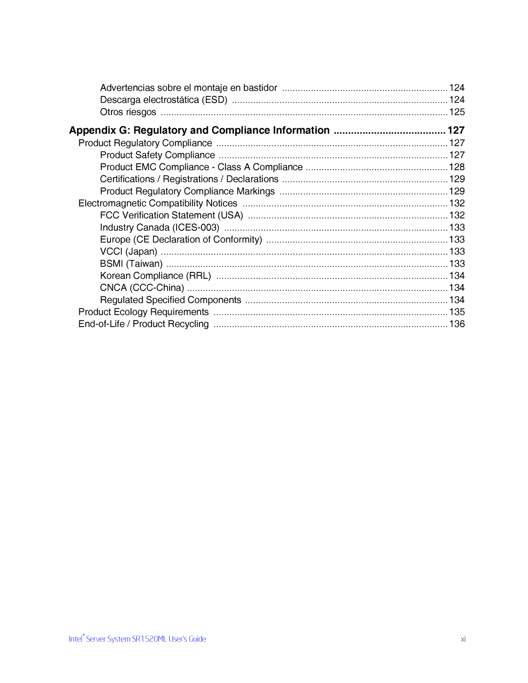 Intel SR1520ML manual Appendix G Regulatory and Compliance Information 