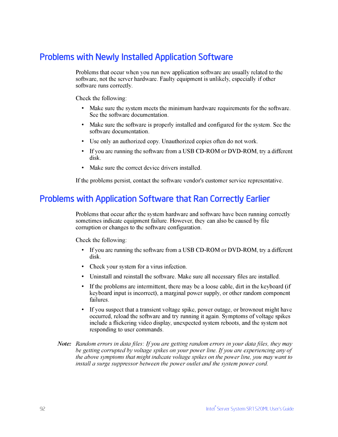 Intel SR1520ML manual Problems with Newly Installed Application Software 