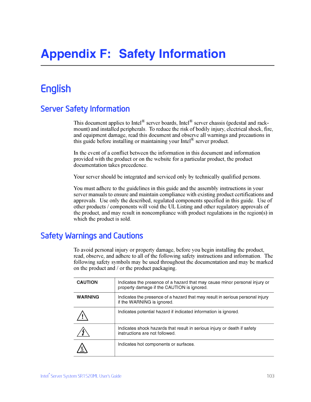 Intel SR1520ML manual Server Safety Information, Safety Warnings and Cautions 