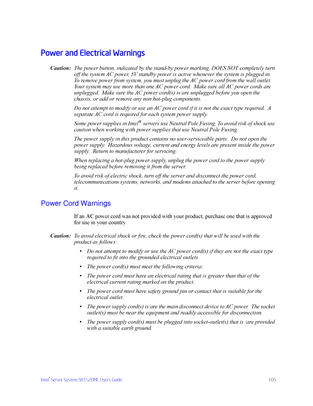 Intel SR1520ML manual Power and Electrical Warnings, Power Cord Warnings 