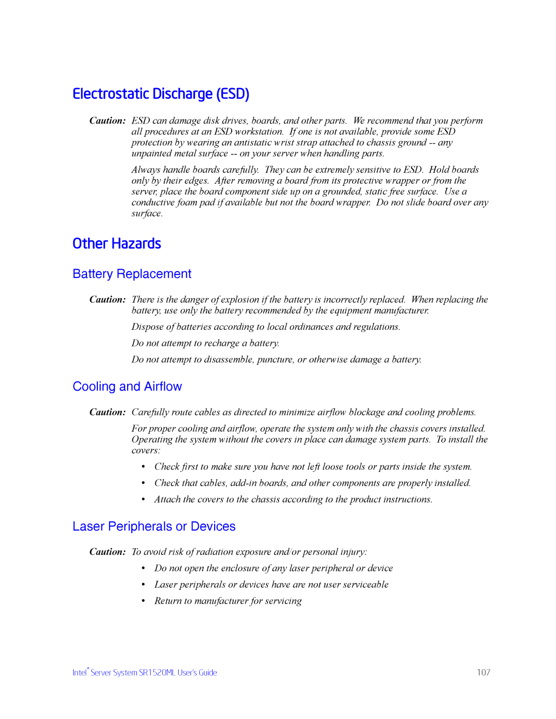 Intel SR1520ML manual Electrostatic Discharge ESD, Other Hazards, Battery Replacement, Cooling and Airflow 