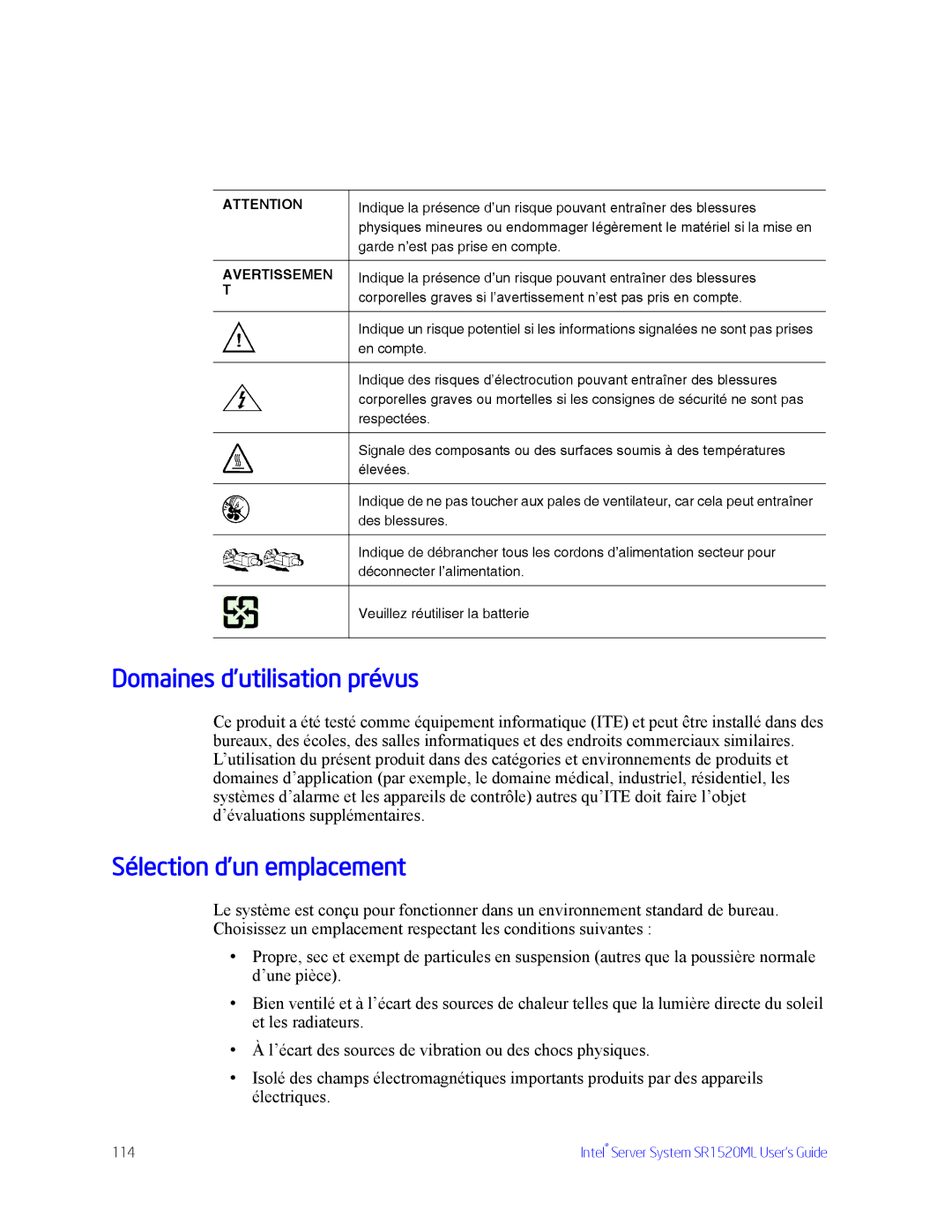 Intel SR1520ML manual Domaines d’utilisation prévus, Sélection d’un emplacement 