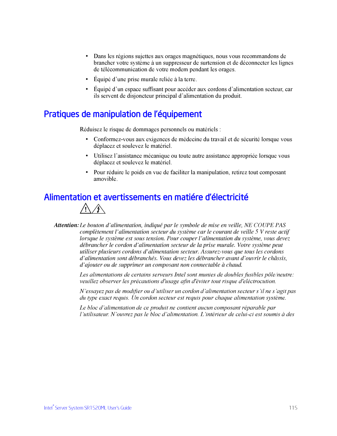 Intel SR1520ML manual Pratiques de manipulation de l’équipement, Alimentation et avertissements en matiére d’électricité 